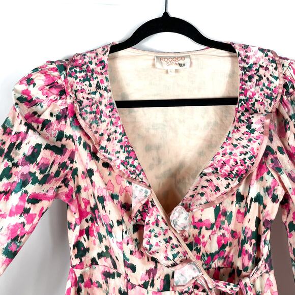 Rococo Sand Mimi Wrap Dress Print Pink Ruffle Long Puff Sleeve V-Neck Sz L - Picture 7 of 12